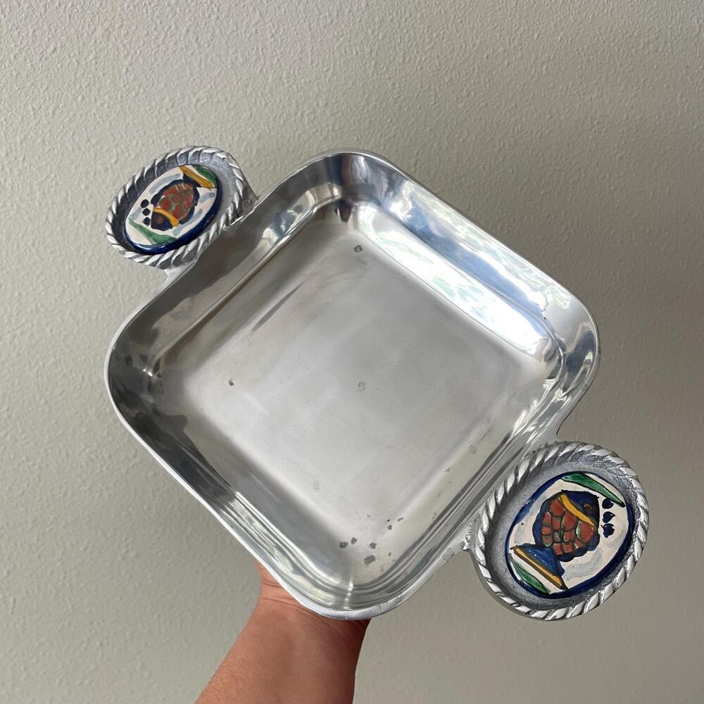 Vintage Mexican Pewter Serving Tray Fish Ceramic Coastal